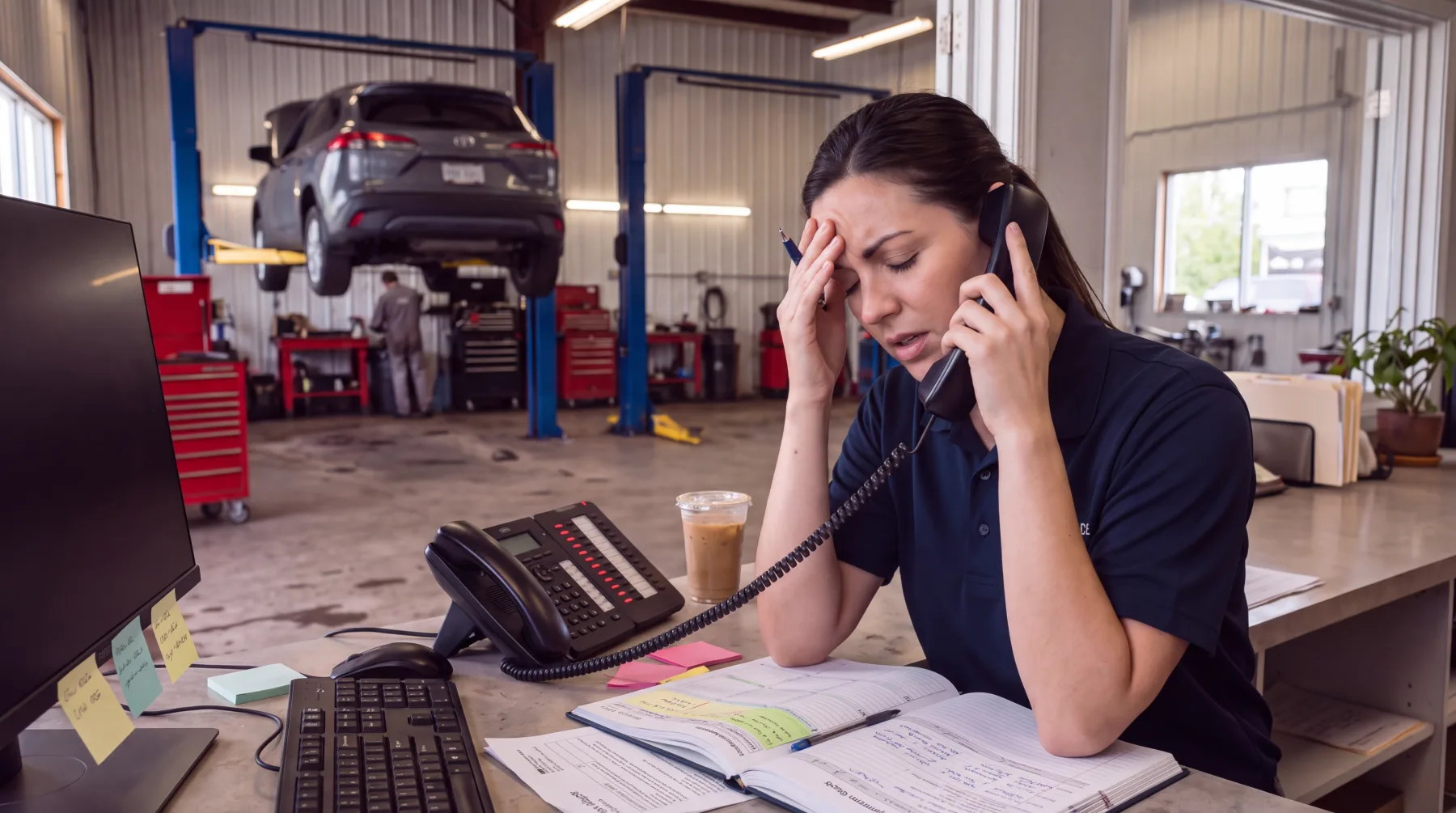 A busy front desk with the phone ringing while the advisor helps a customer