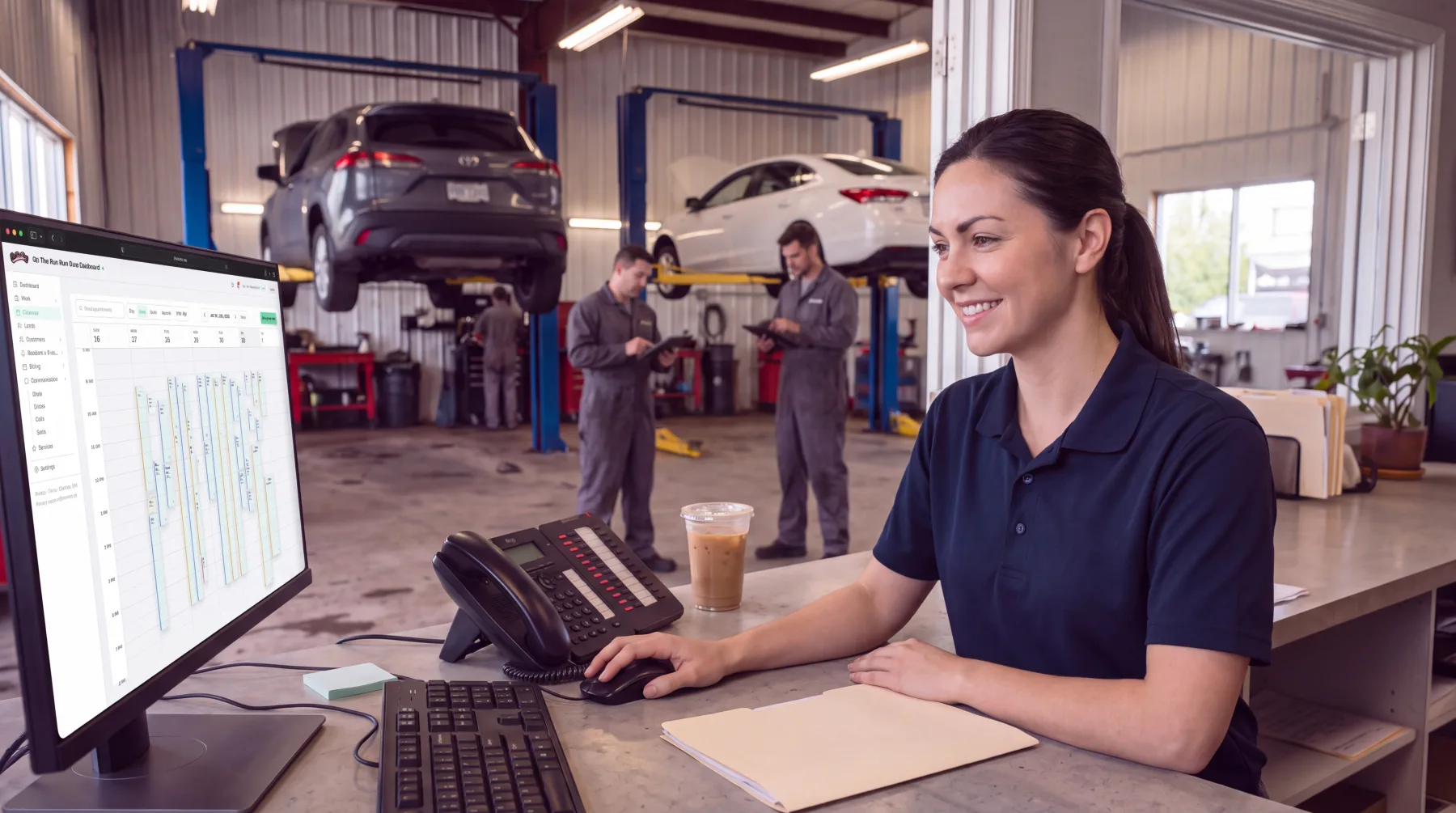 A happy customer interaction at the front desk of an auto shop