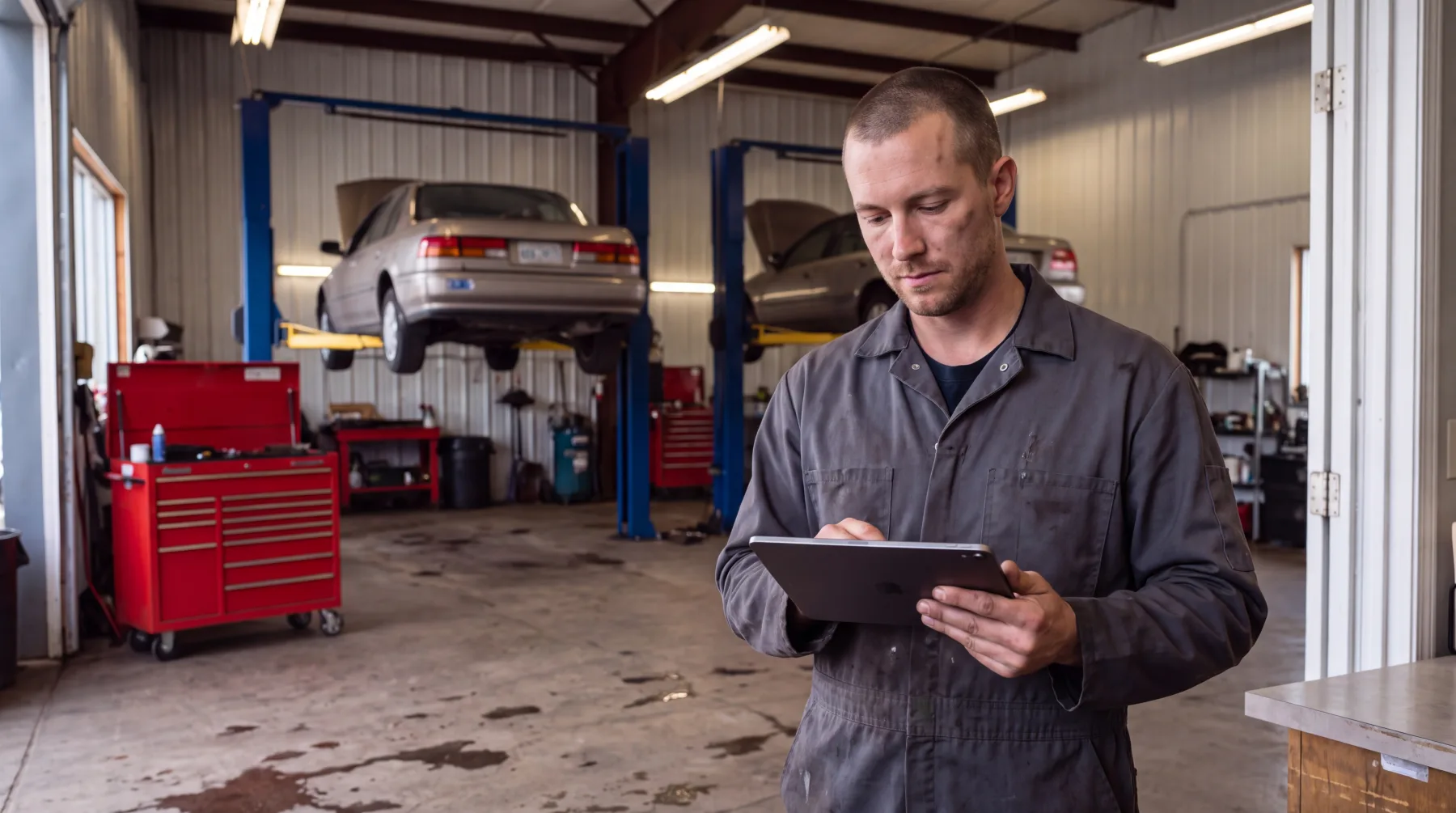 A technician looks up a vehicle record on a tablet