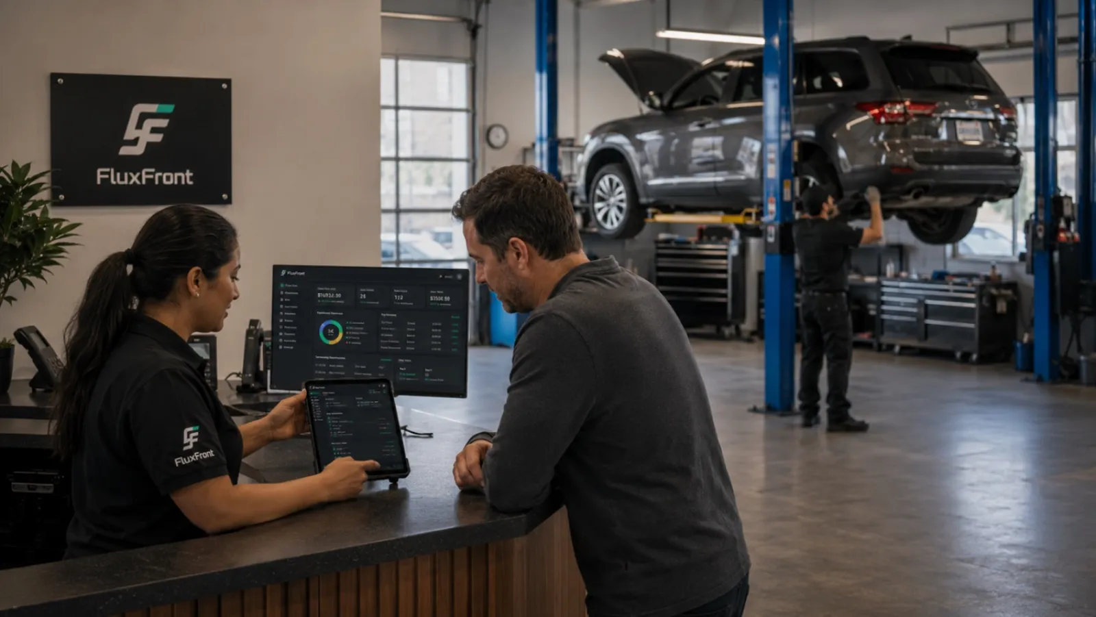 A service advisor walks a customer through a photo inspection on a tablet