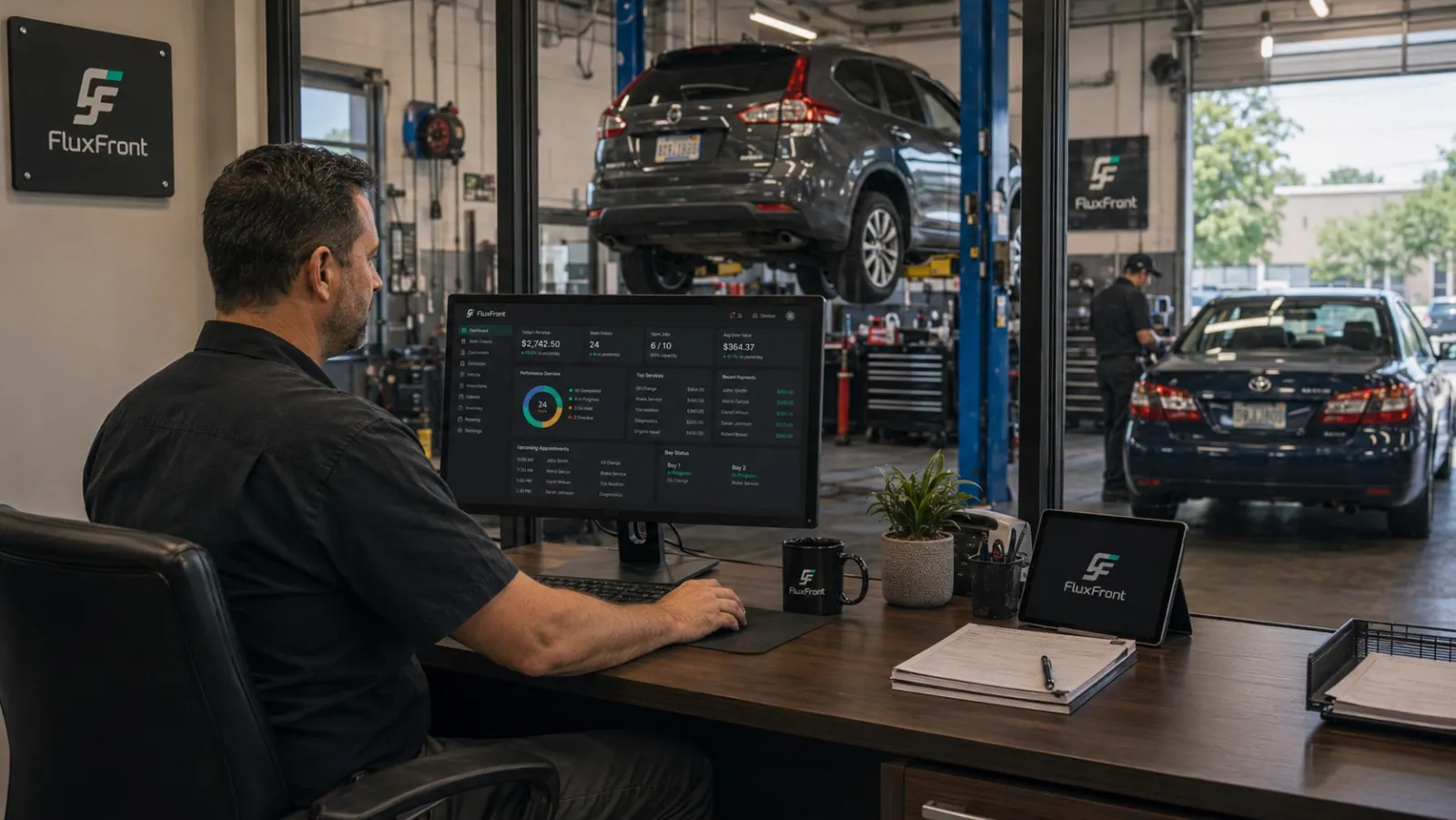 A shop owner reviews the FluxFront dashboard at the front desk while the bays work behind him