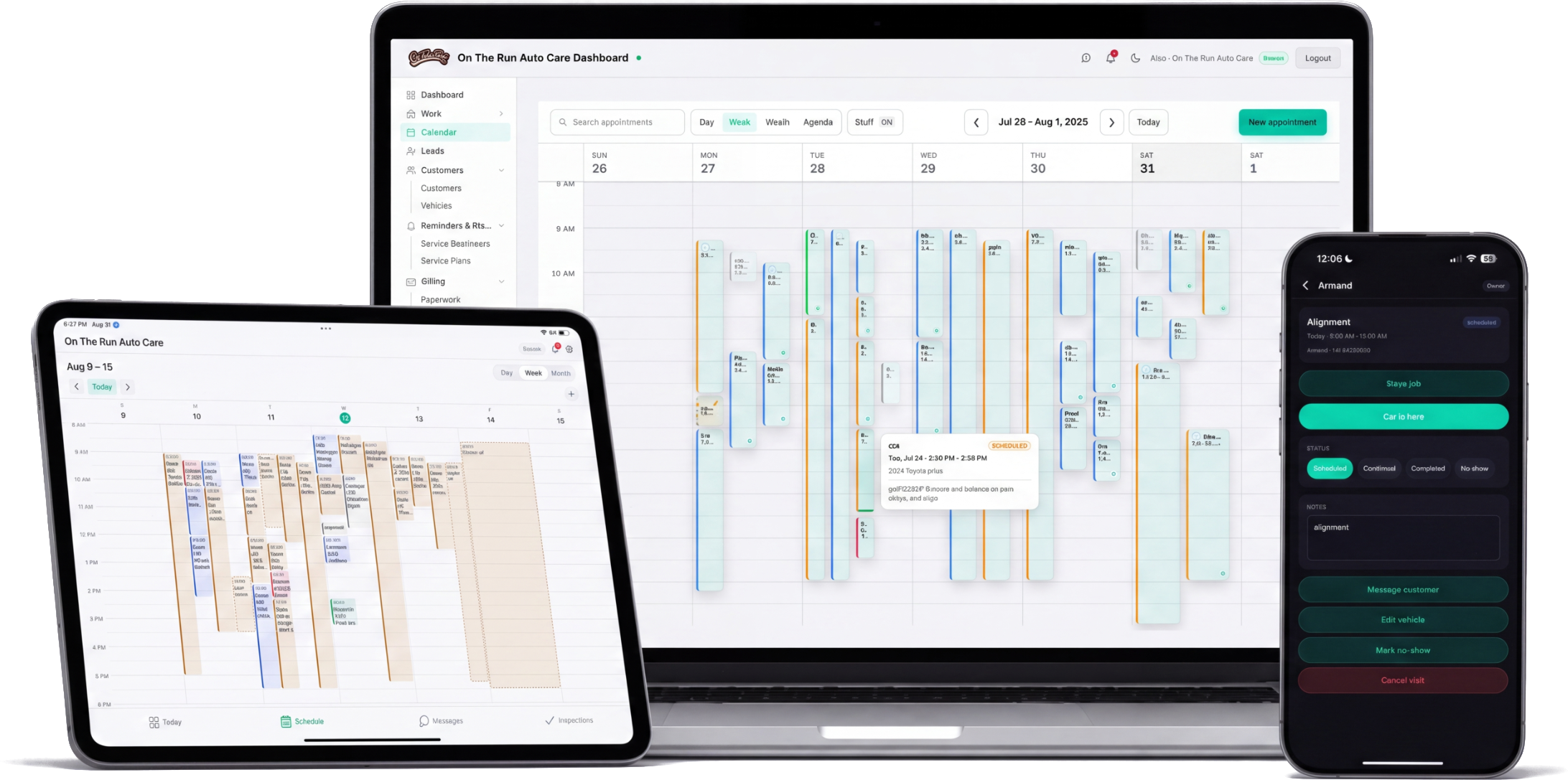 The FluxFront calendar on a laptop, the week view on a tablet and a job on a phone