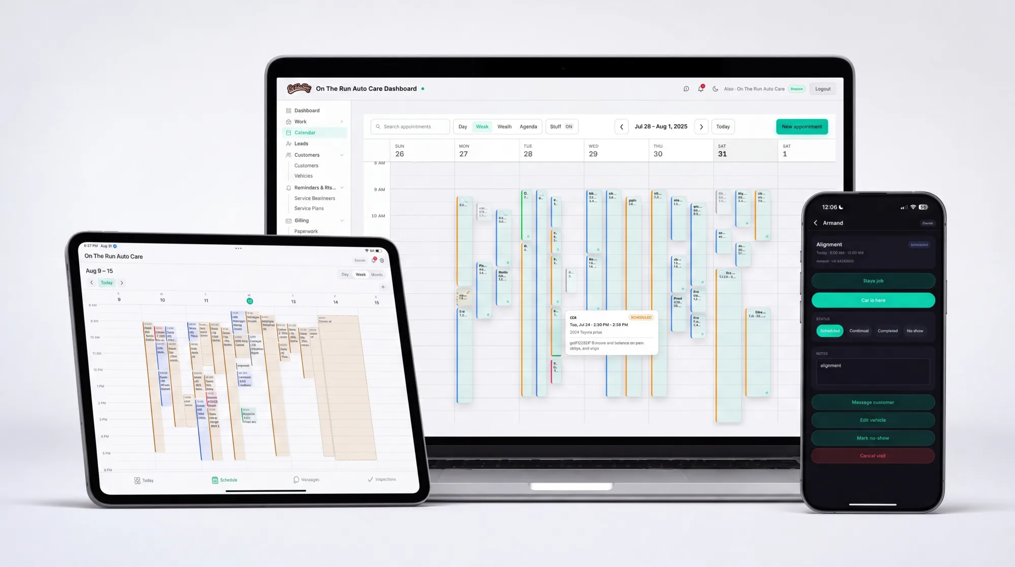 The FluxFront calendar on a laptop, a tablet and a phone