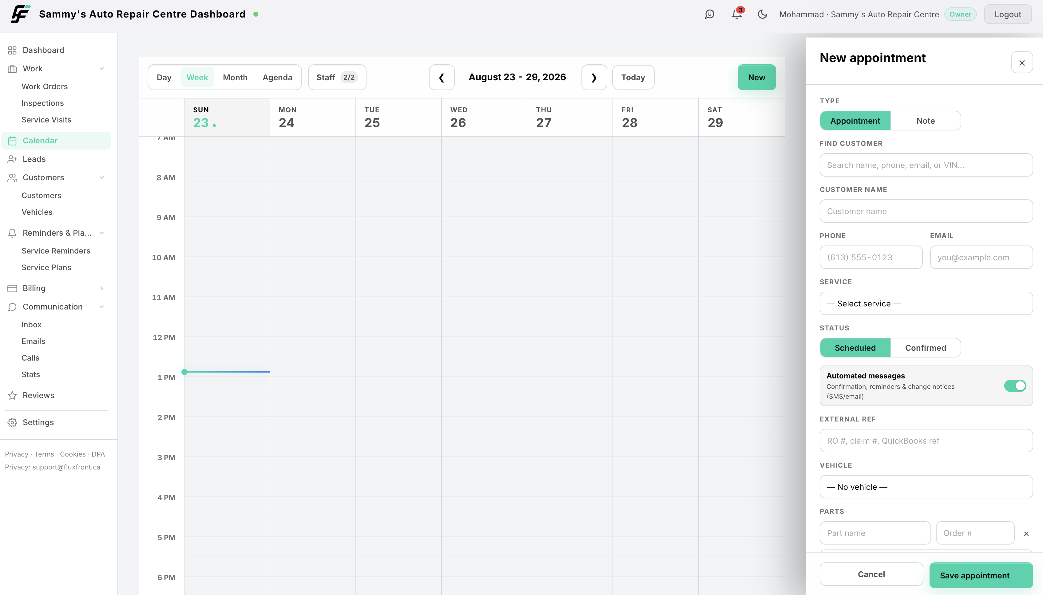 The FluxFront calendar week view with the new appointment panel open
