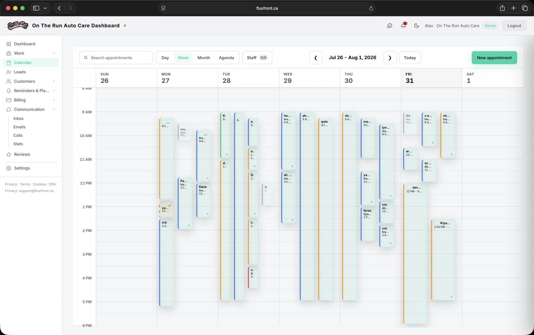 The FluxFront calendar week view with appointments across bays