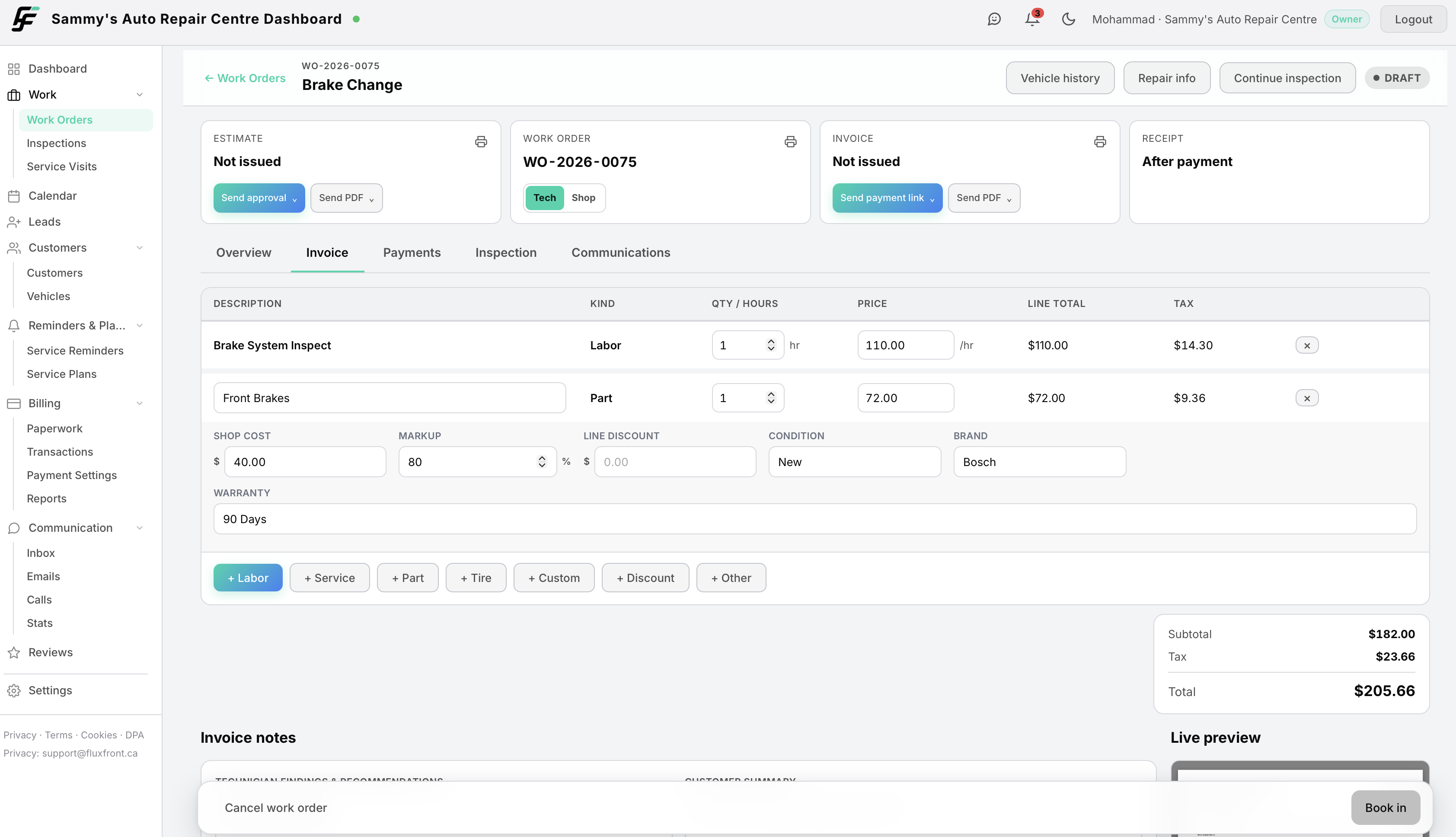 A FluxFront work order with estimate, invoice lines for parts and labor, and totals