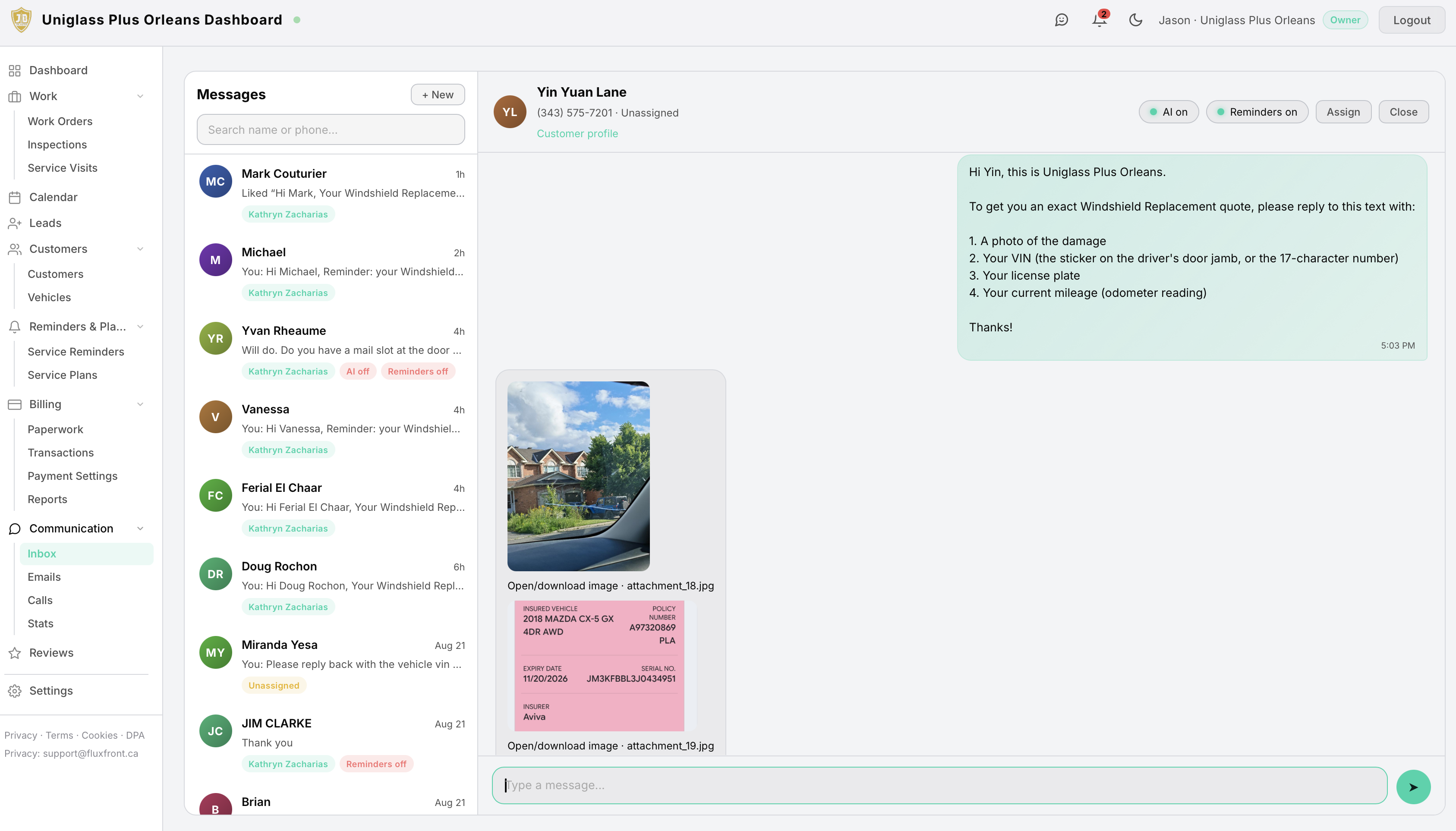 The FluxFront inbox with a customer text thread, photo attachments and the message list