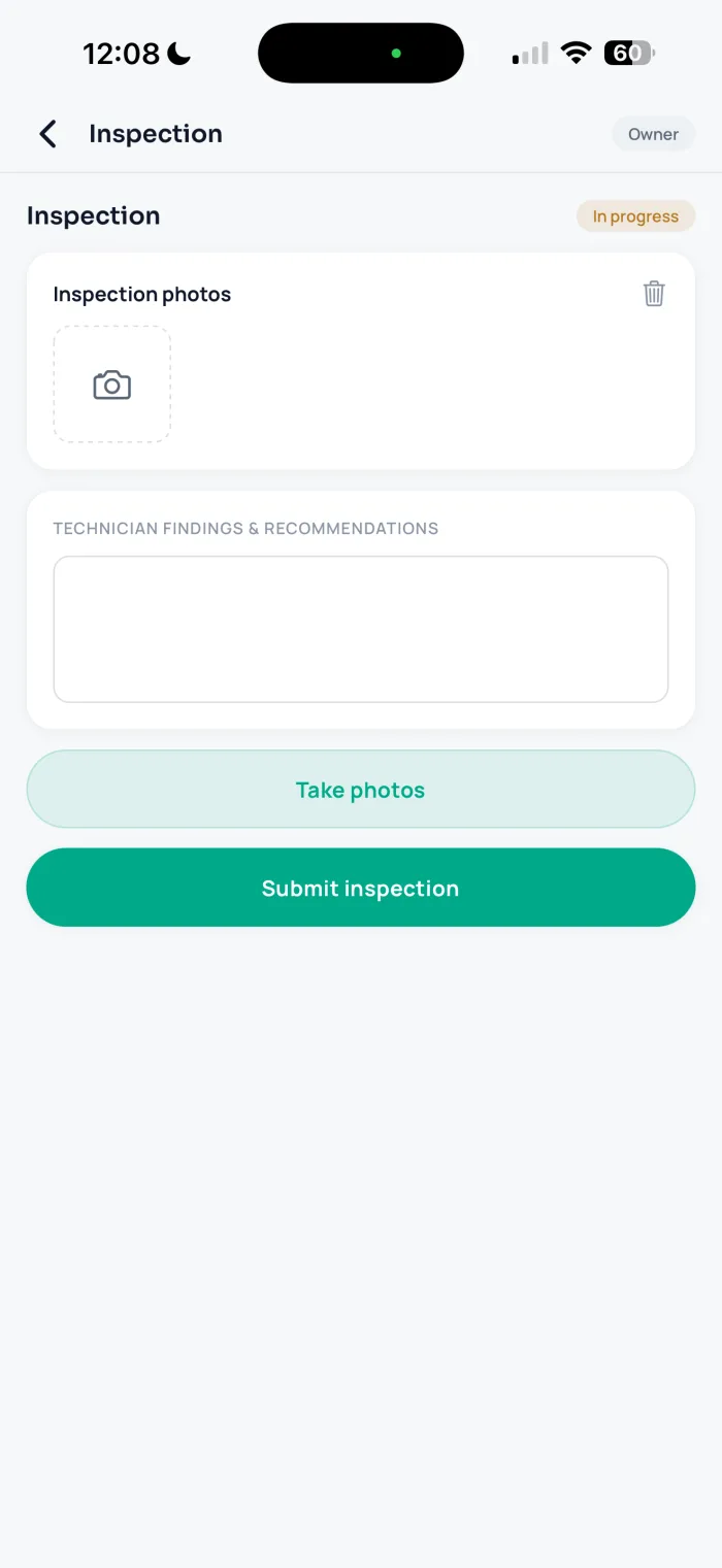An inspection screen in the FluxFront app with photo capture and technician findings