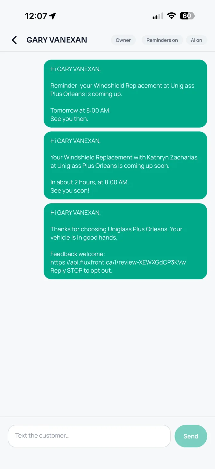The FluxFront messages inbox on a phone
