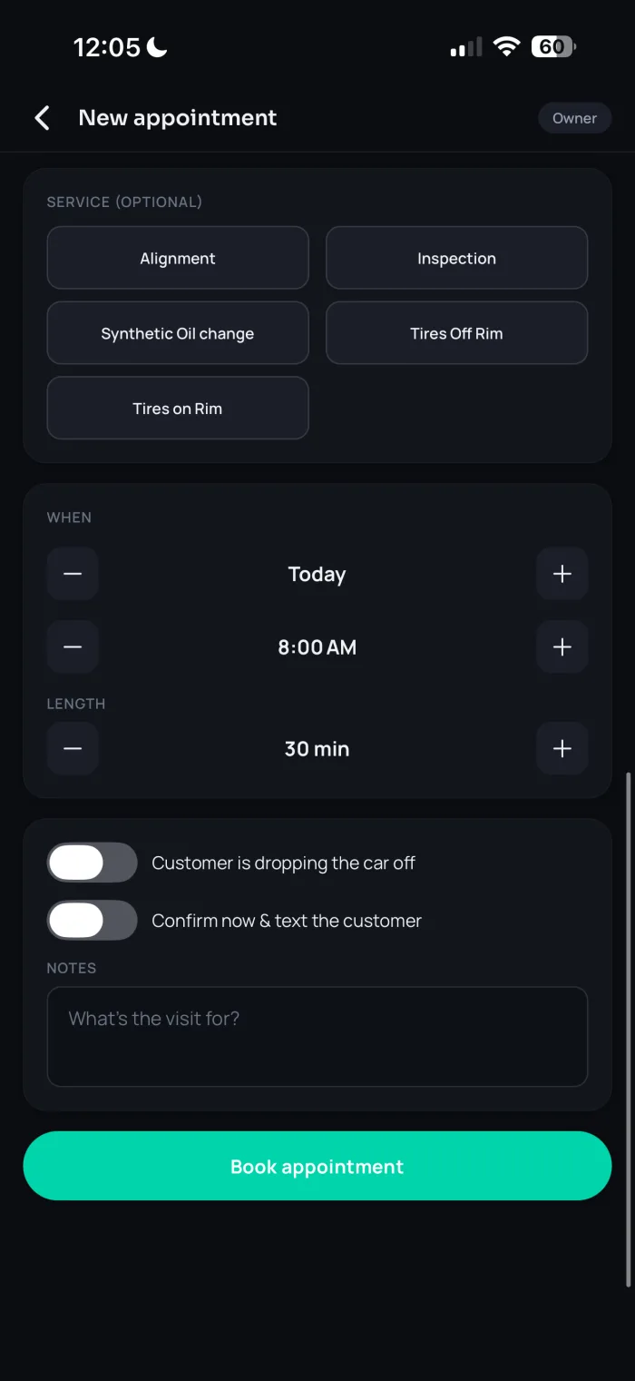 Creating a new appointment in the FluxFront app