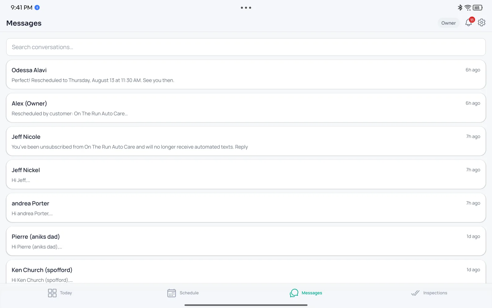The FluxFront inbox on a tablet listing customer conversations