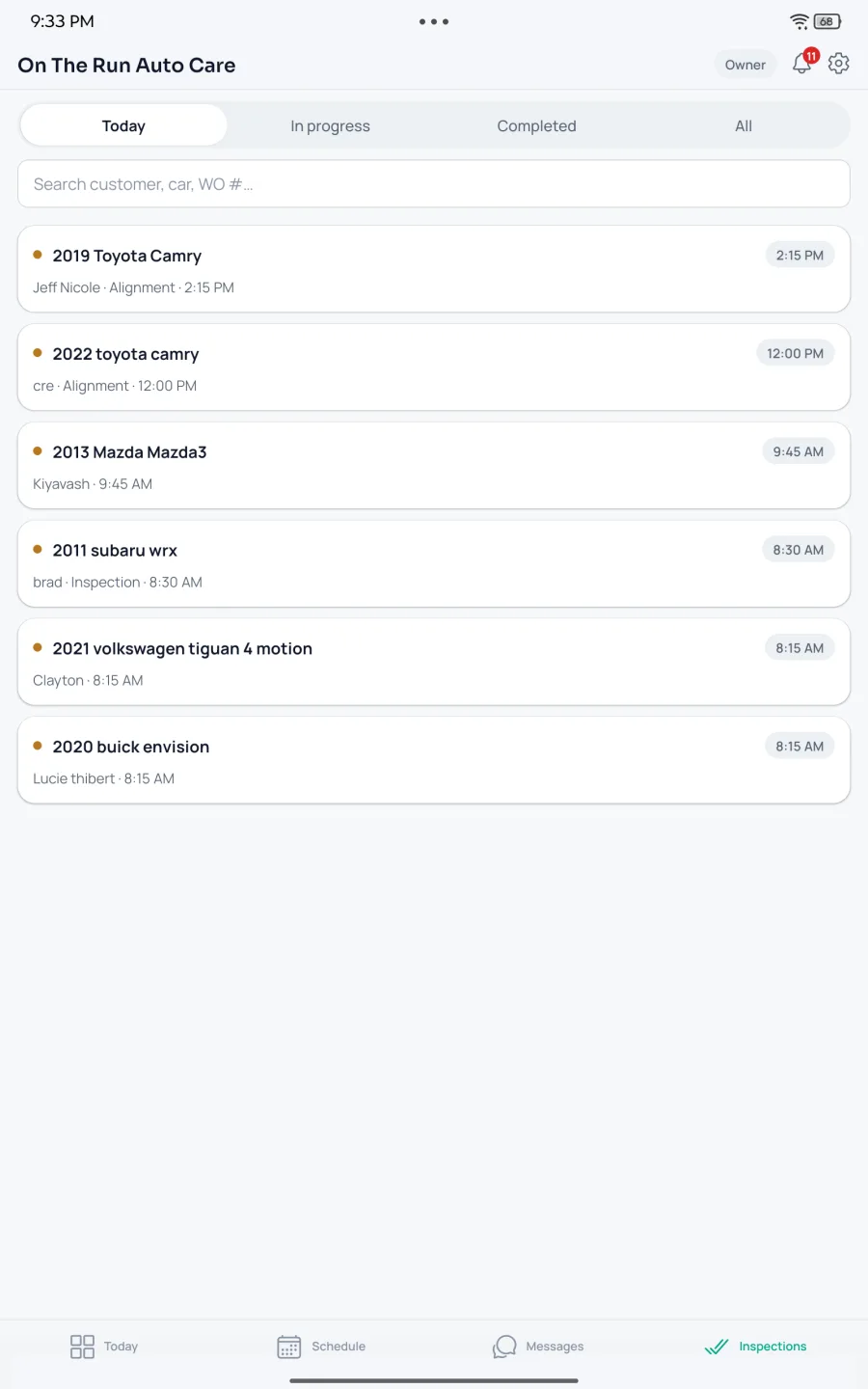 The inspections list in the FluxFront app on a tablet