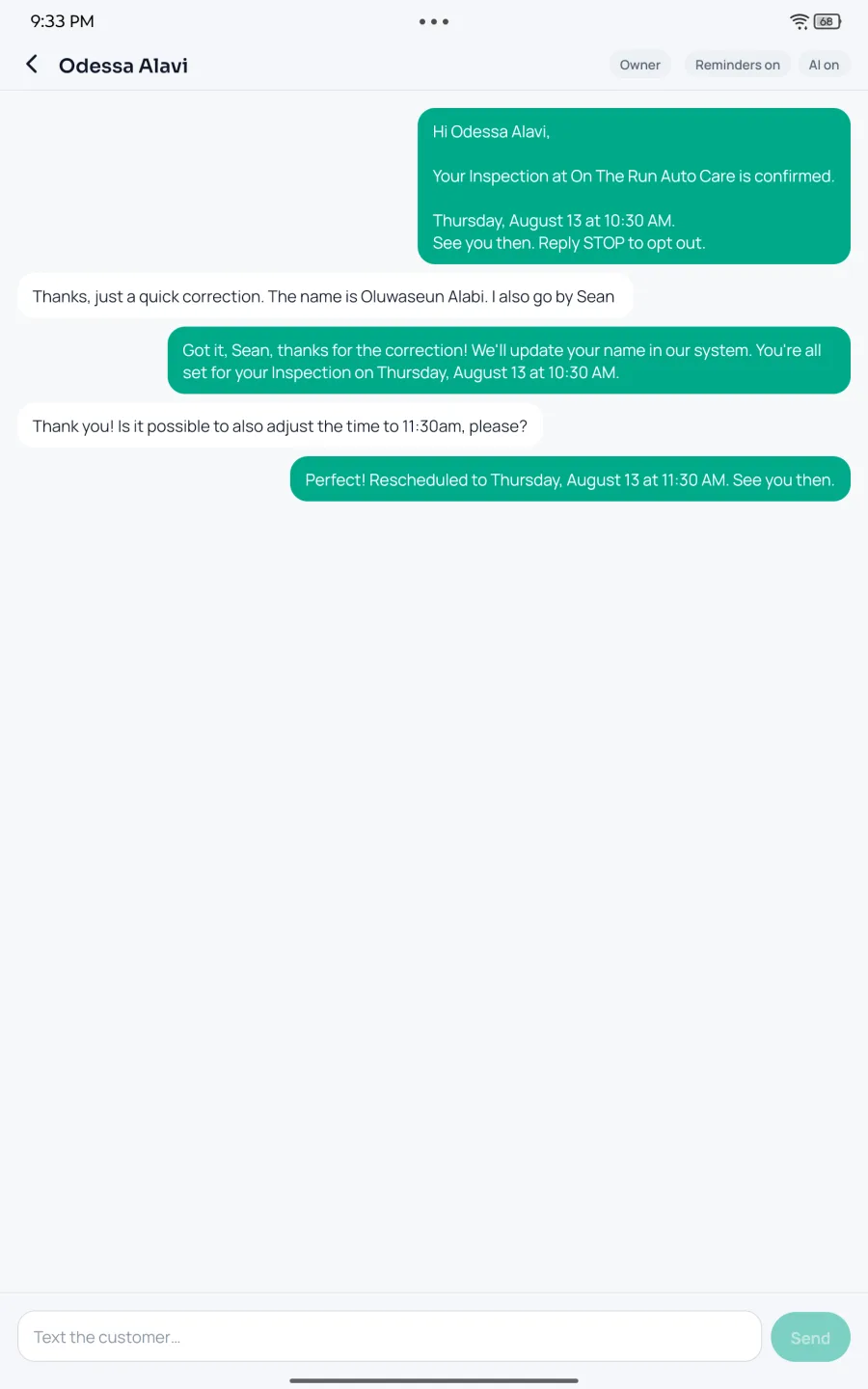 A FluxFront text thread confirming an appointment with a customer
